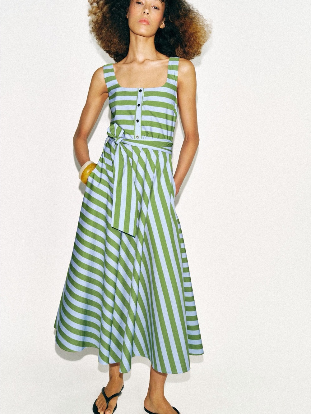 Zara Blue and Green Striped Tie-Waist Midi Dress